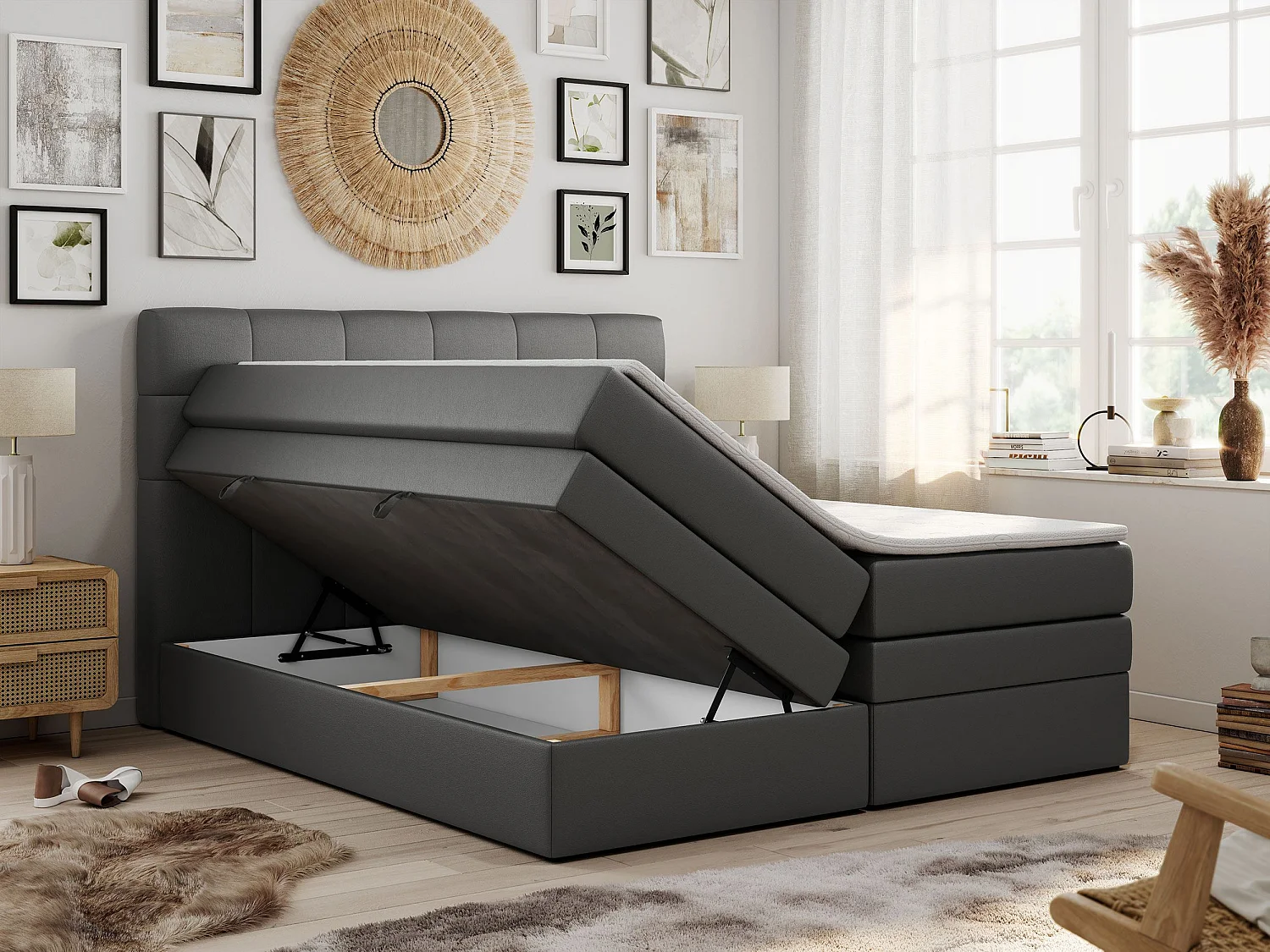 Boxspringbett LUKA KING, mit gestepptem Kopfteil, zwei Bettkästen, Multipocket-Matratze und Topper - 180x200 cm - H3 - Dunkelgrau Kunstleder