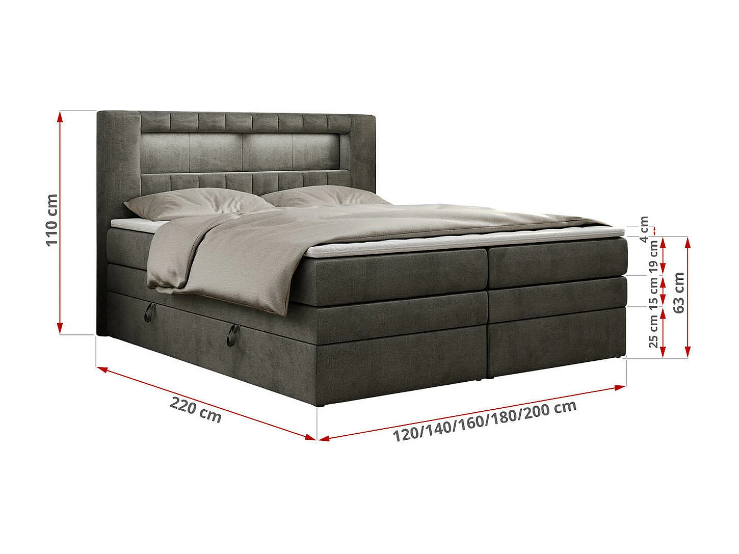 Boxspringbett GOLD 5 KING mit Stauraum, zwei Bettkästen, LED-Beleuchtung, Multipocket-Matratze - 120x200 cm - H4 - Dunkelgrau Velvet