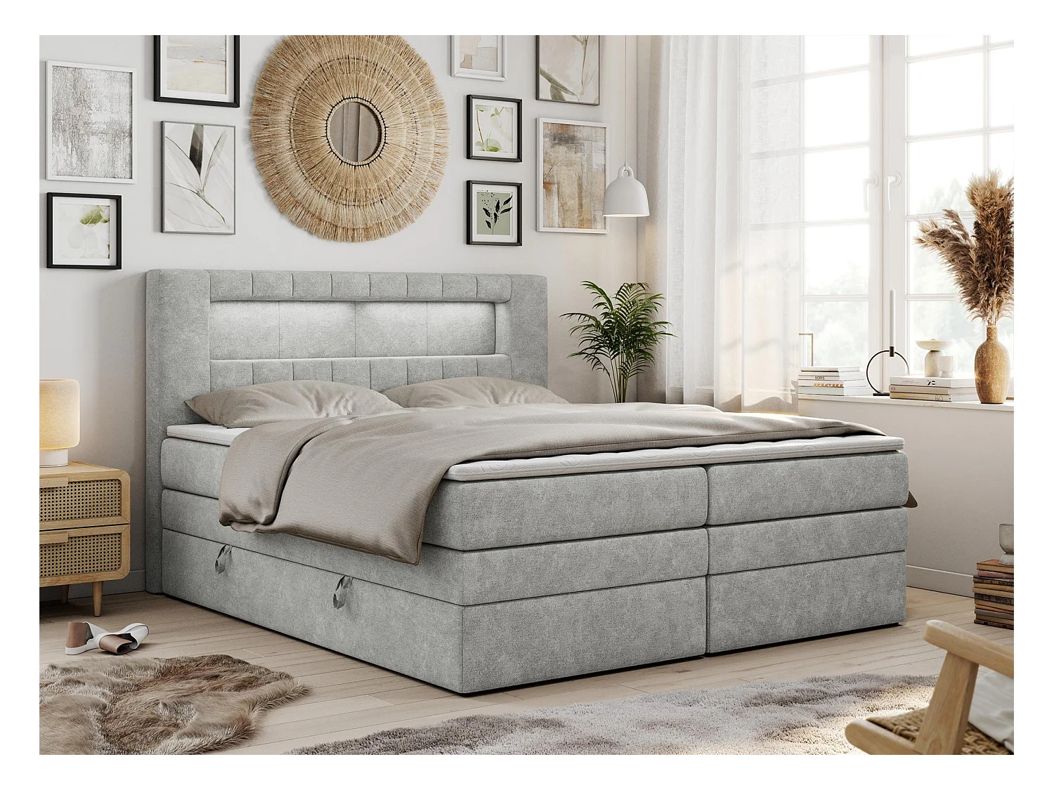Boxspringbett GOLD 5 KING mit Stauraum, zwei Bettkästen, LED-Beleuchtung, Multipocket-Matratze - 200x200 cm - H3 - Hellgrau Strukture