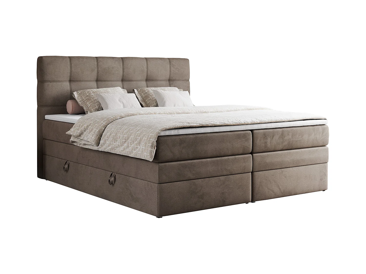 Boxspringbett ERNI KING, gestepptes Kopfteil, zwei Multipocket-Matratze und Topper, mit Stauraum - 200x200 cm - H3 - Braun Velvet