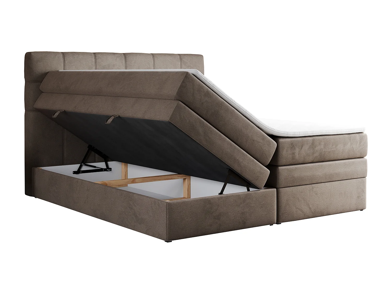 Boxspringbett ERNI KING, gestepptes Kopfteil, zwei Multipocket-Matratze und Topper, mit Stauraum - 200x200 cm - H3 - Braun Velvet