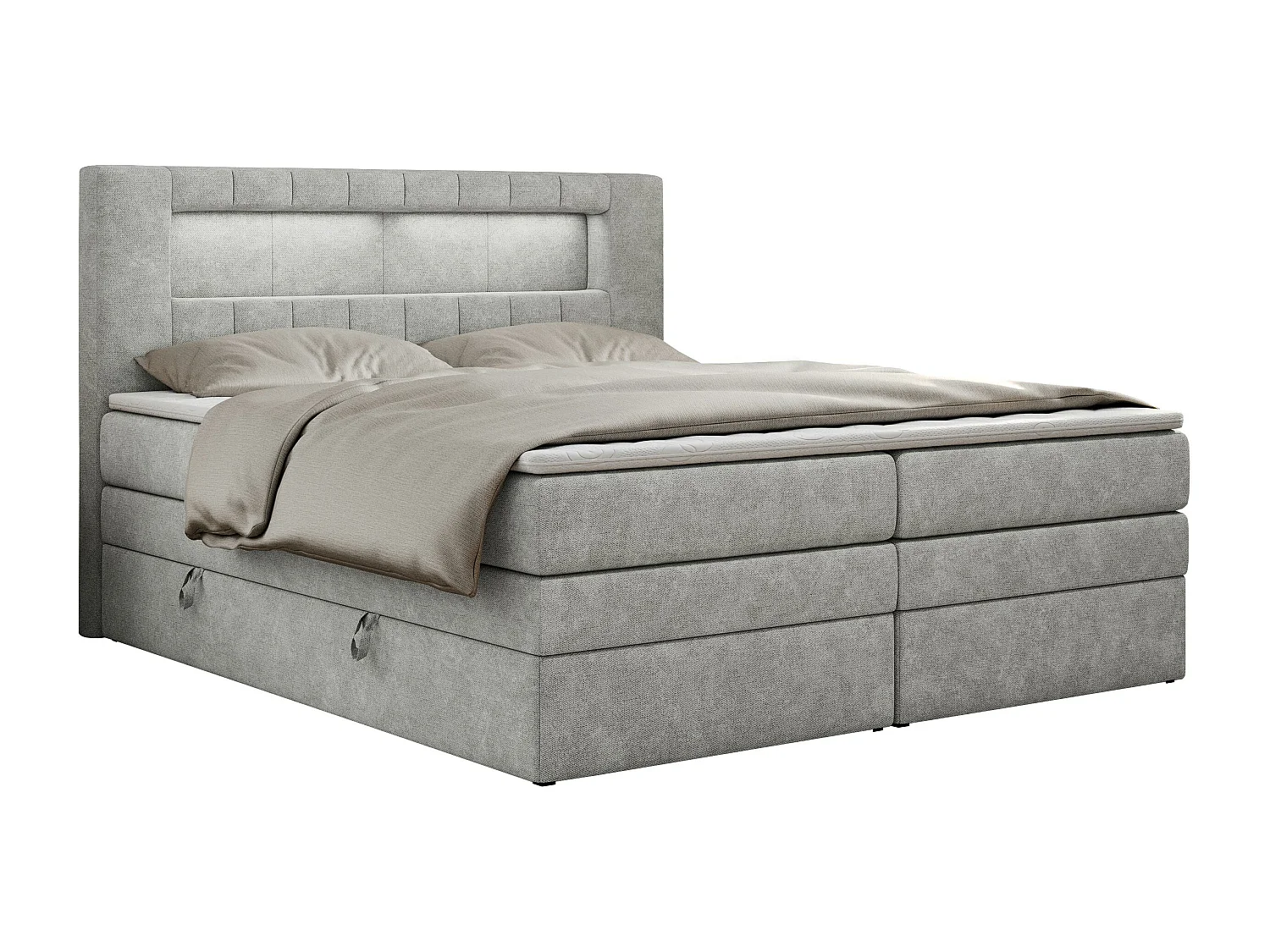Boxspringbett GOLD 5 KING mit Stauraum, zwei Bettkästen, LED-Beleuchtung, Multipocket-Matratze - 160x200 cm - H3 - Hellgrau Strukture
