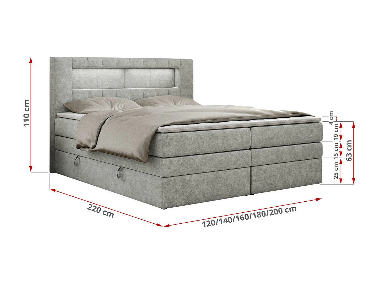 Boxspringbett GOLD 5 KING mit Stauraum, zwei Bettkästen, LED-Beleuchtung, Multipocket-Matratze - 160x200 cm - H3 - Hellgrau Strukture