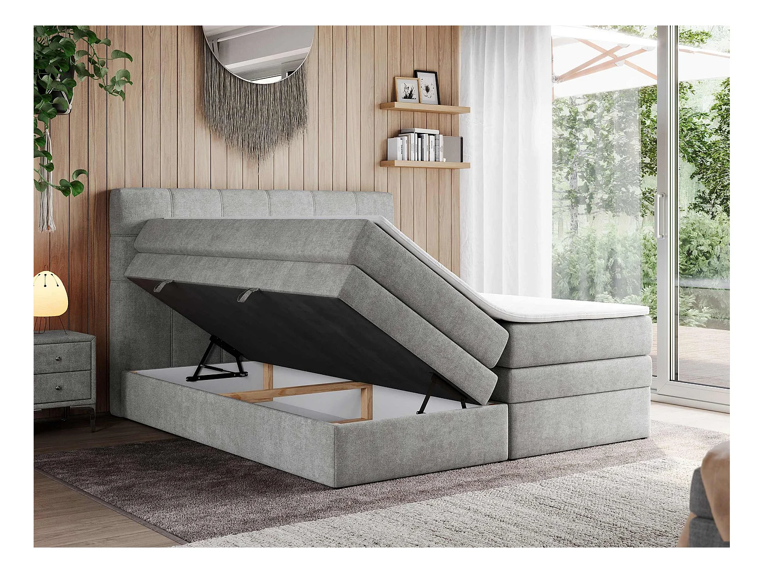 Boxspringbett ERNI KING, gestepptes Kopfteil, zwei Multipocket-Matratze und Topper, mit Stauraum - 140x200 cm - H4 - Hellgrau Strukture