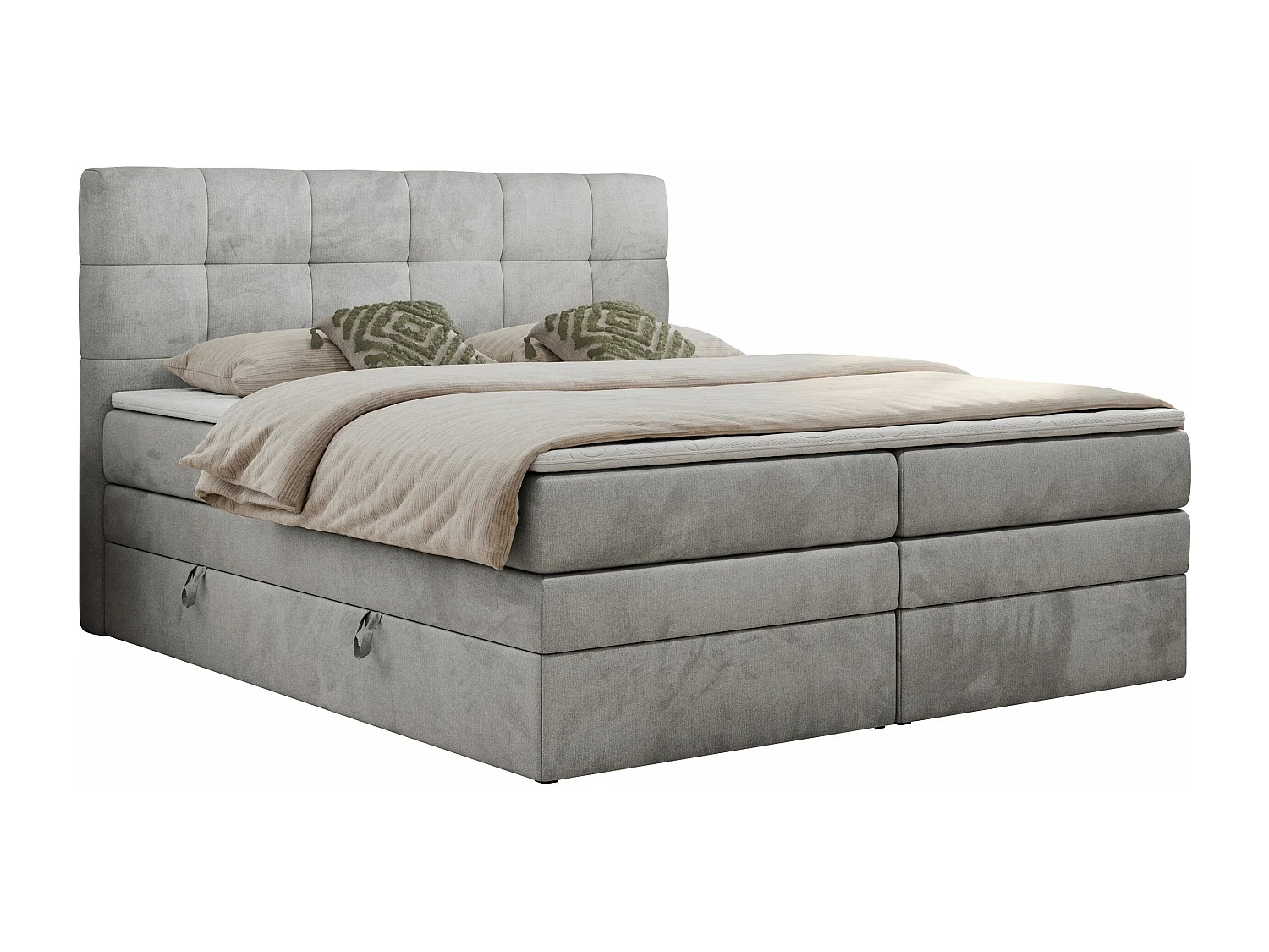 Boxspringbett LUKA KING, mit gestepptem Kopfteil, zwei Bettkästen, Multipocket-Matratze und Topper - 200x200 cm - H4 - Hellgrau Velvet