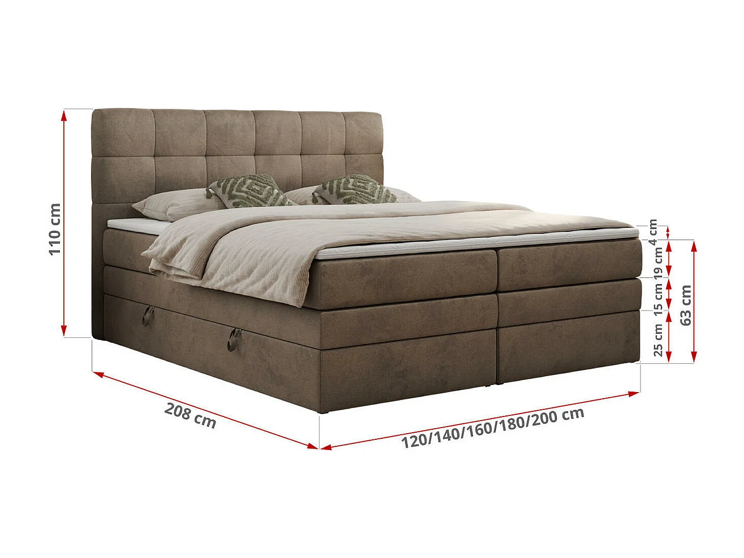 Boxspringbett LUKA KING, mit gestepptem Kopfteil, zwei Bettkästen, Multipocket-Matratze und Topper - 180x200 cm - H3 - Braun Velvet
