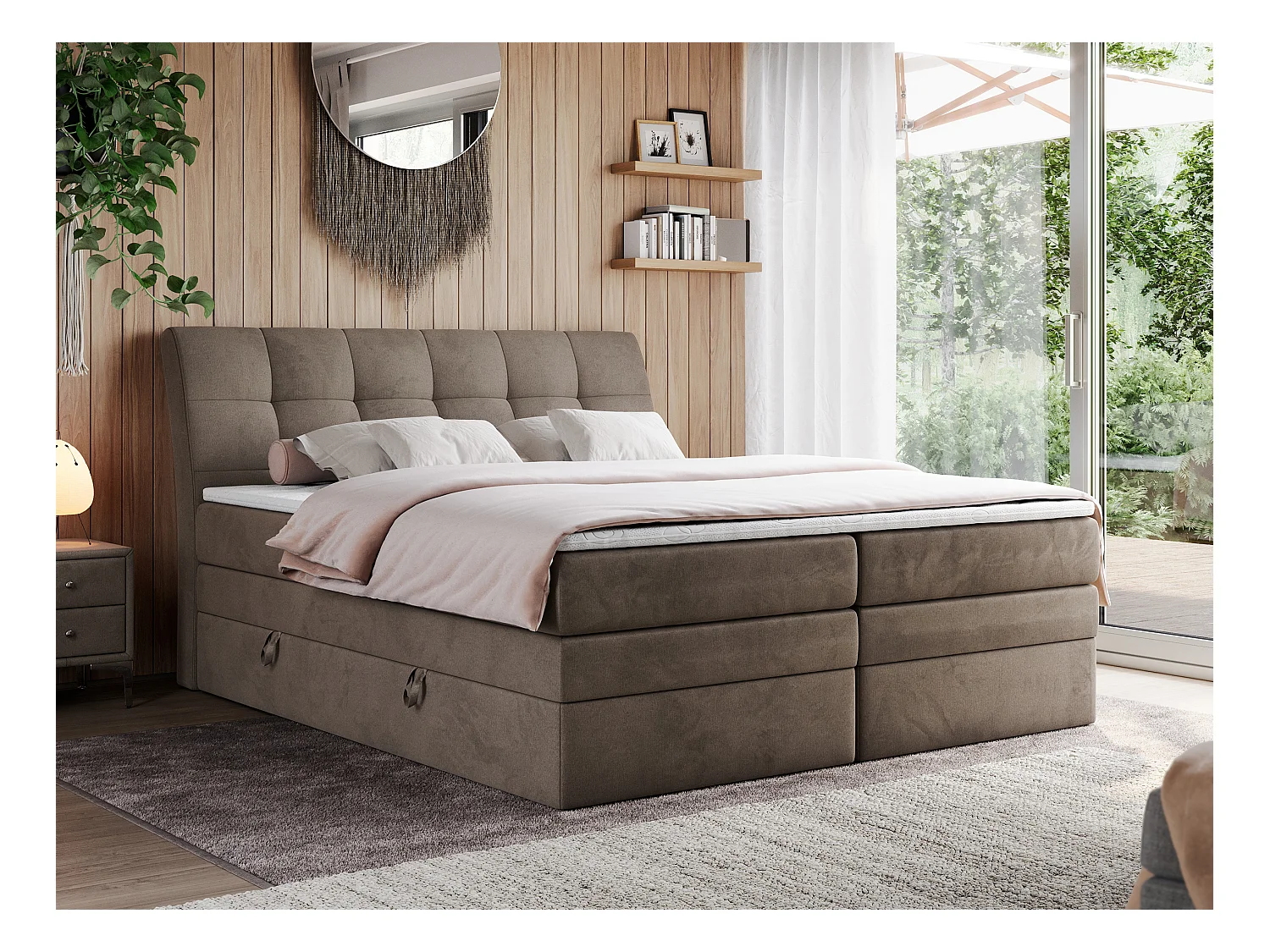 Boxspringbett GOLD 10 KING mit genähtes Kopfteil und Stauraum, zwei Multipocket-Matratze - 160x200 cm - H4 - Braun Velvet