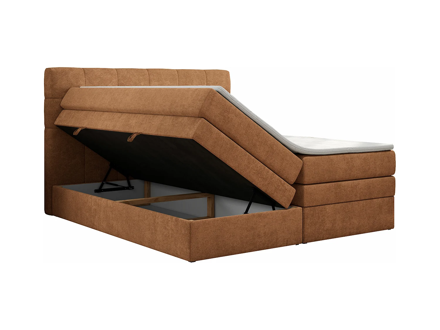 Boxspringbett LUKA KING, mit gestepptem Kopfteil, zwei Bettkästen, Multipocket-Matratze und Topper - 200x200 cm - H3 - Orange Strukture