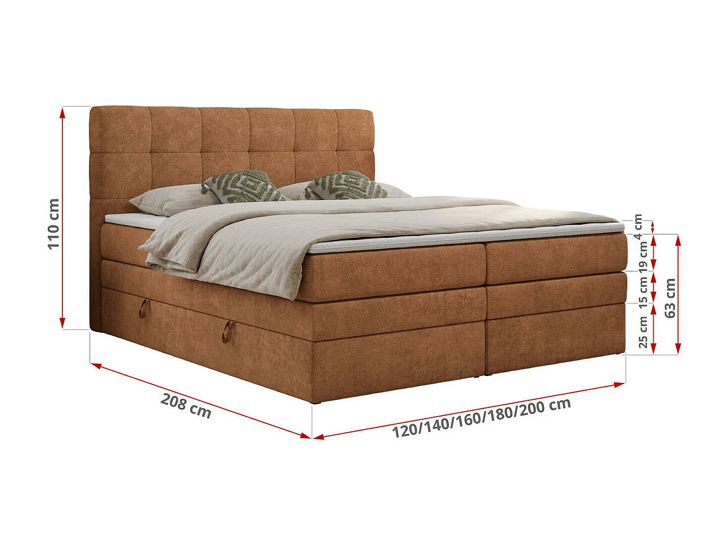 Boxspringbett LUKA KING, mit gestepptem Kopfteil, zwei Bettkästen, Multipocket-Matratze und Topper - 200x200 cm - H3 - Orange Strukture