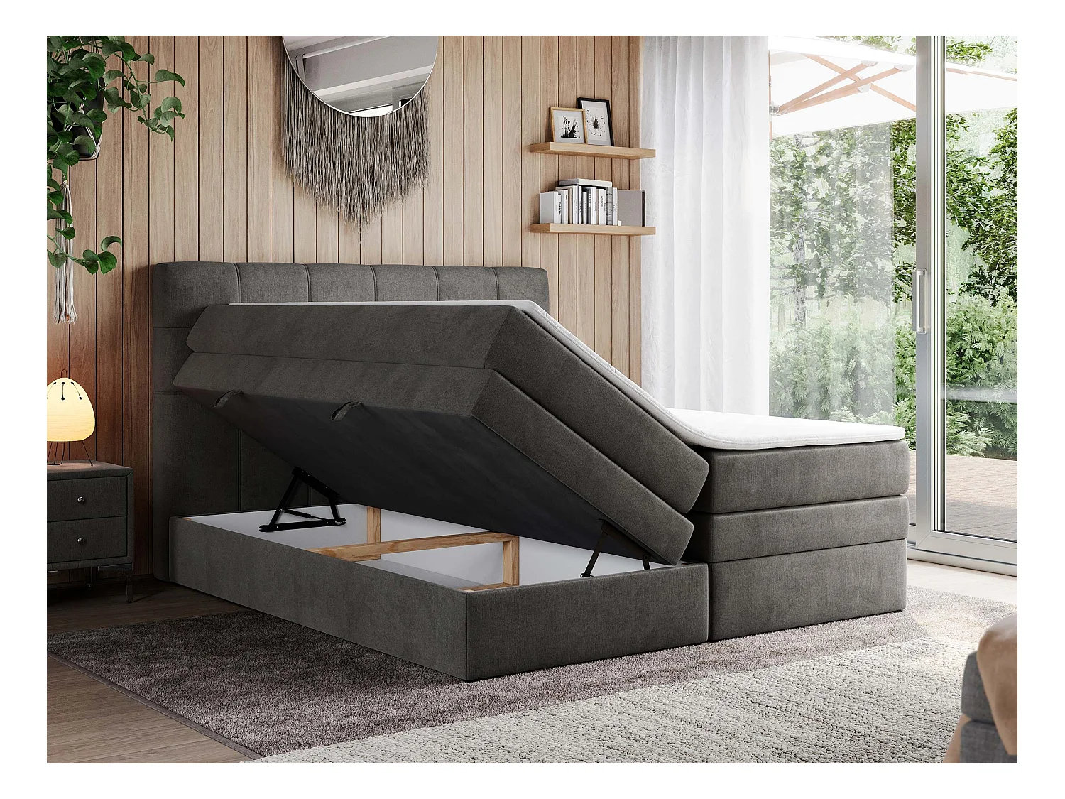 Boxspringbett ERNI KING, gestepptes Kopfteil, zwei Multipocket-Matratze und Topper, mit Stauraum - 160x200 cm - H3 - Dunkelgrau Velvet