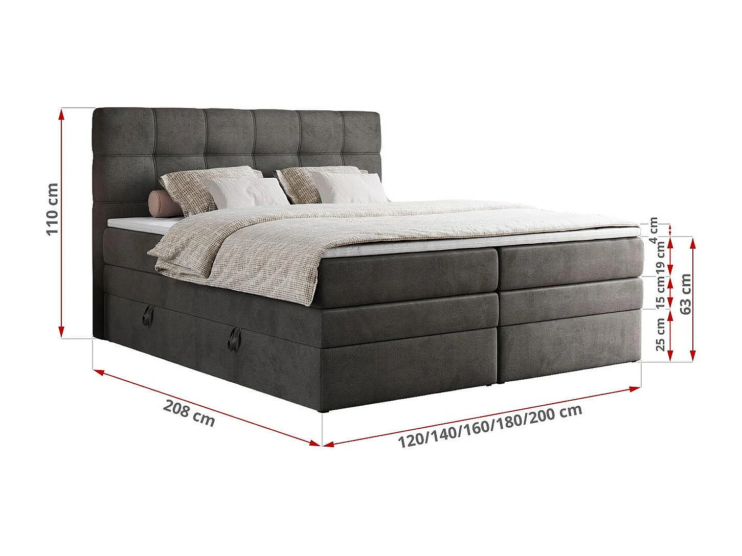 Boxspringbett ERNI KING, gestepptes Kopfteil, zwei Multipocket-Matratze und Topper, mit Stauraum - 160x200 cm - H3 - Dunkelgrau Velvet