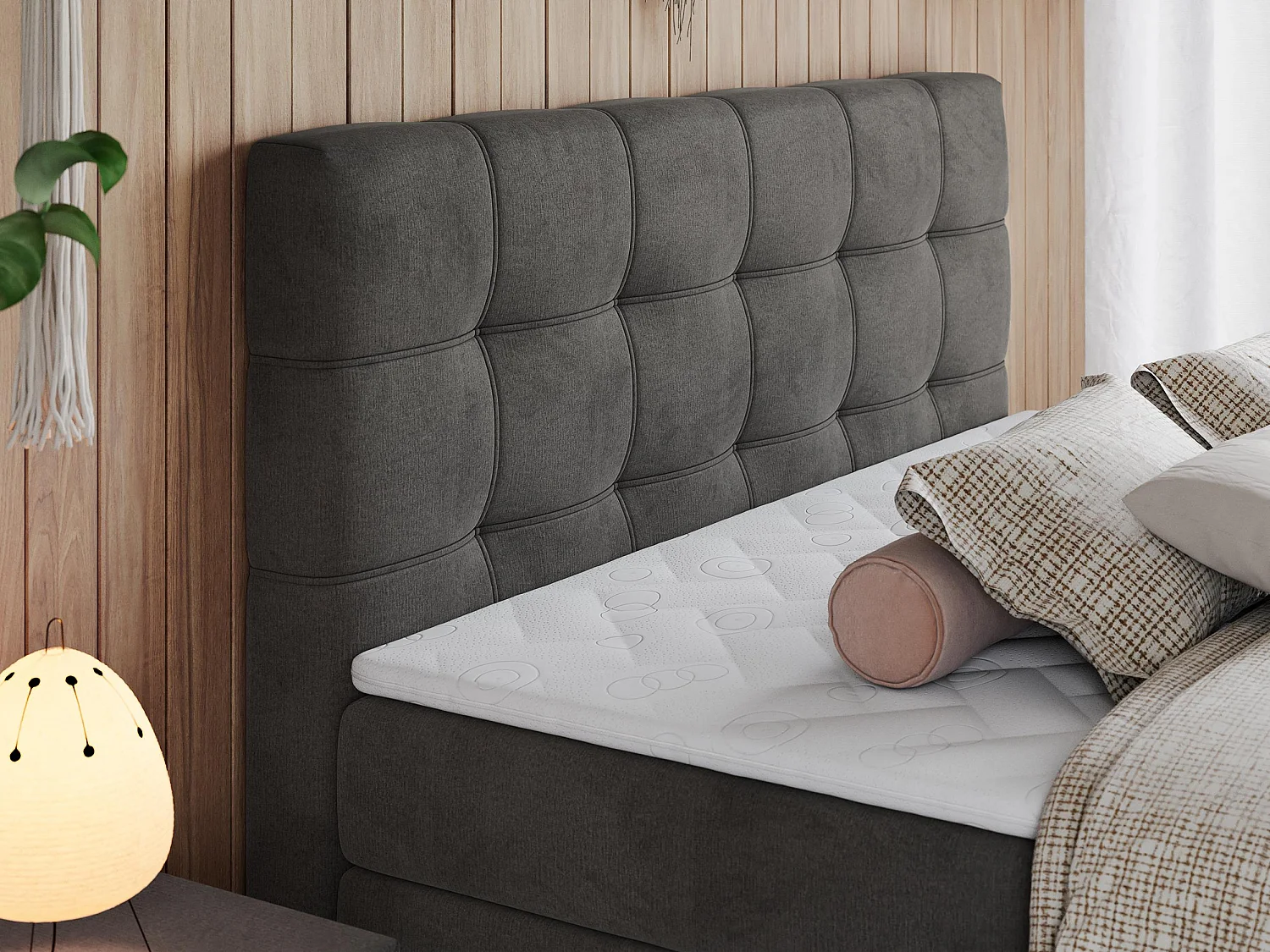 Boxspringbett ERNI KING, gestepptes Kopfteil, zwei Multipocket-Matratze und Topper, mit Stauraum - 160x200 cm - H3 - Dunkelgrau Velvet