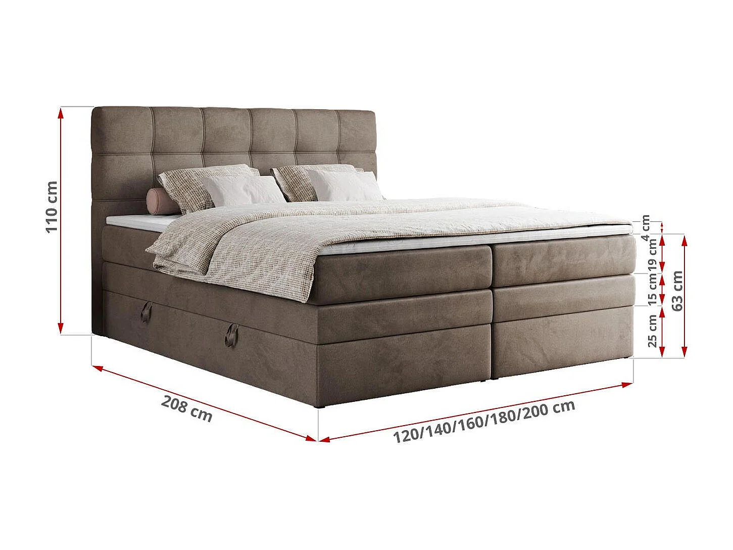 Boxspringbett ERNI KING, gestepptes Kopfteil, zwei Multipocket-Matratze und Topper, mit Stauraum - 140x200 cm - H3 - Braun Velvet