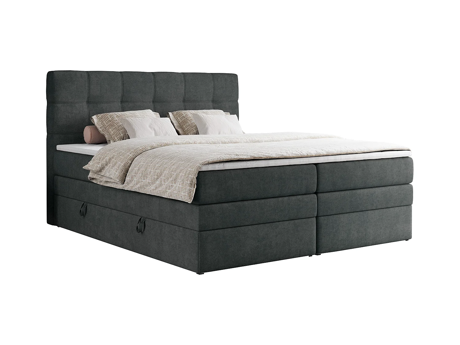 Boxspringbett ERNI KING, gestepptes Kopfteil, zwei Multipocket-Matratze und Topper, mit Stauraum - 120x200 cm - H4 - Dunkelgrau Strukture