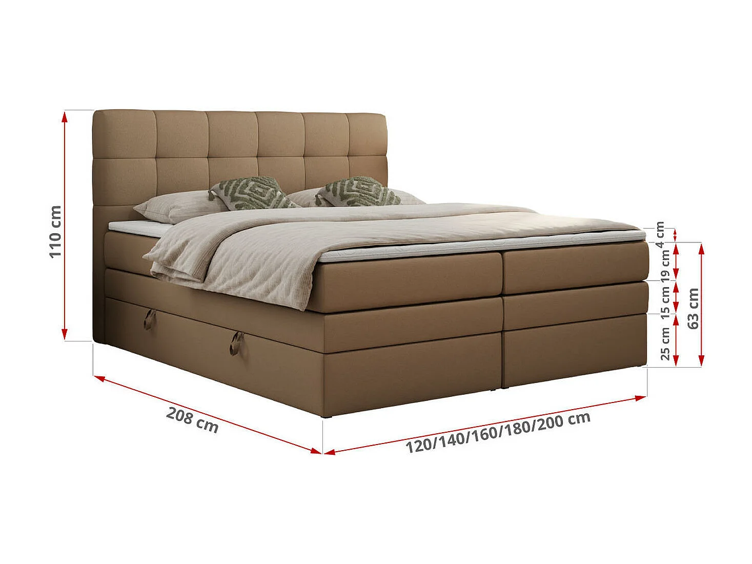 Boxspringbett LUKA KING, mit gestepptem Kopfteil, zwei Bettkästen, Multipocket-Matratze und Topper - 160x200 cm - H3 - Braun Kunstleder