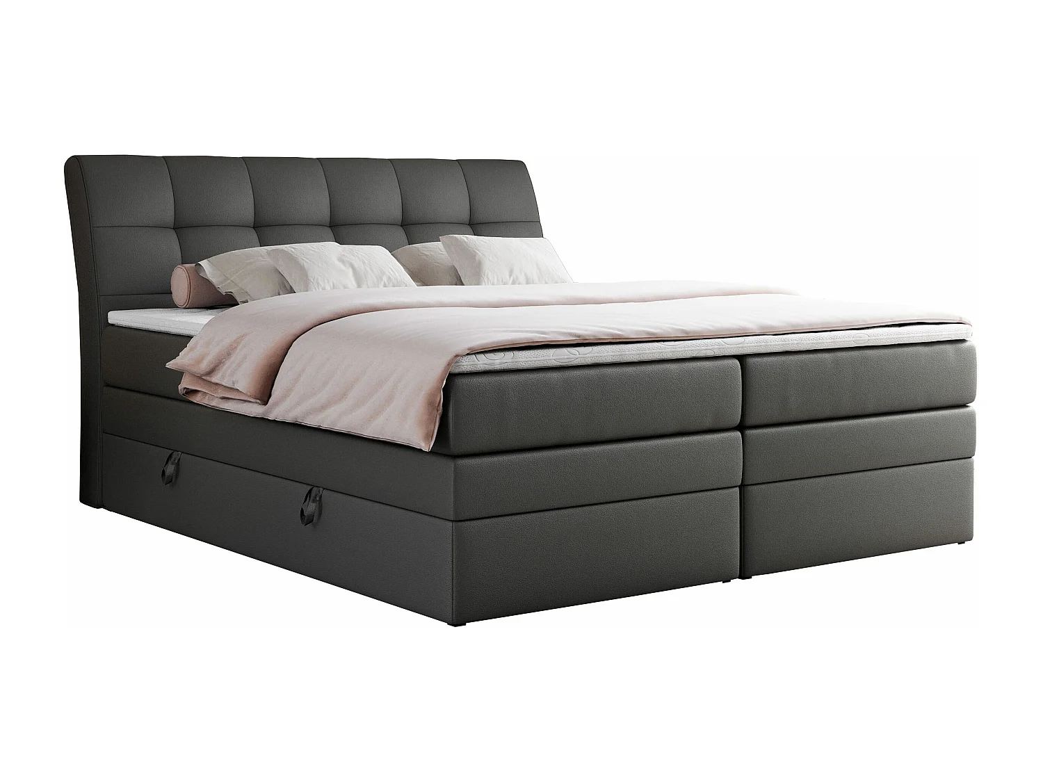 Boxspringbett GOLD 10 KING mit genähtes Kopfteil und Stauraum, zwei Multipocket-Matratze - 140x200 cm - H4 - Dunkelgrau Kunstleder