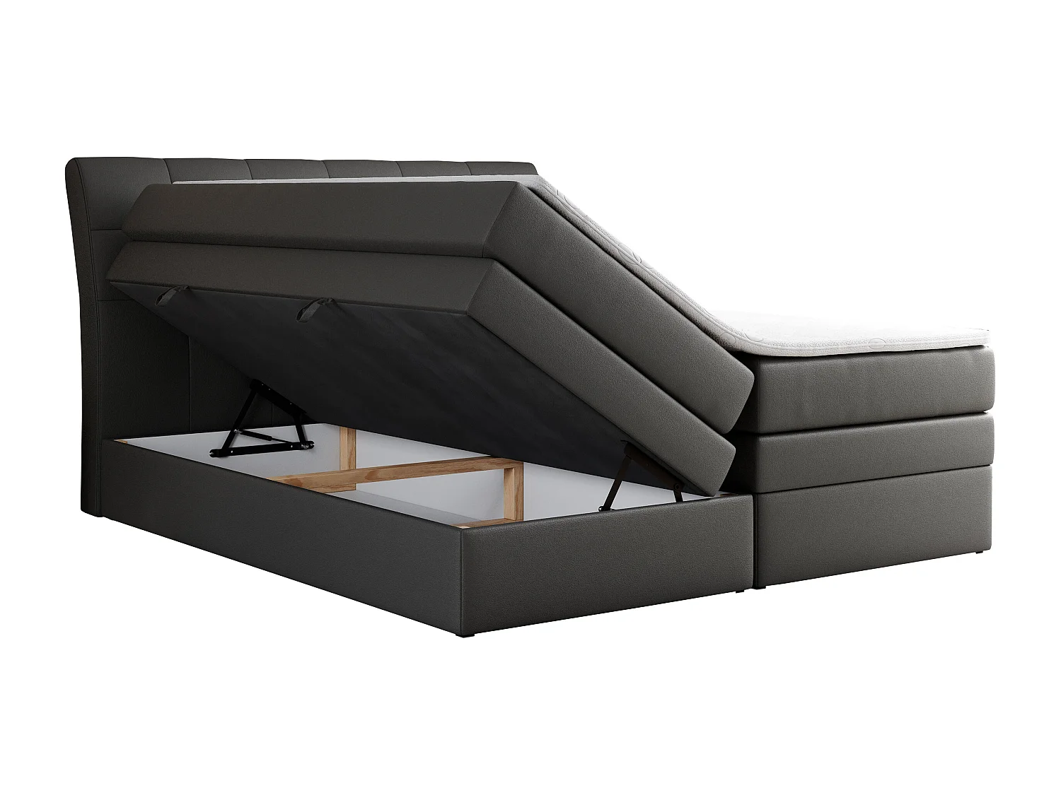 Boxspringbett GOLD 10 KING mit genähtes Kopfteil und Stauraum, zwei Multipocket-Matratze - 140x200 cm - H4 - Dunkelgrau Kunstleder