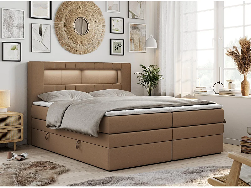 Boxspringbett GOLD 5 KING mit Stauraum, zwei Bettkästen, LED-Beleuchtung, Multipocket-Matratze - 180x200 cm - H3 - Braun Kunstleder