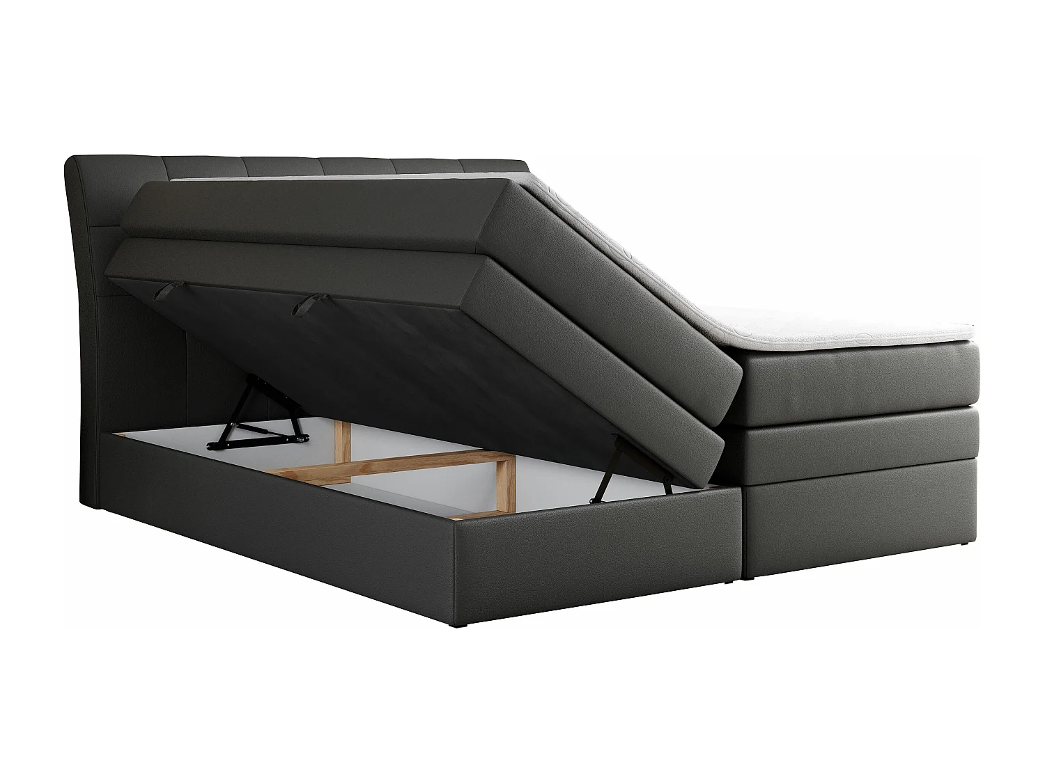 Boxspringbett GOLD 10 KING mit genähtes Kopfteil und Stauraum, zwei Multipocket-Matratze - 180x200 cm - H4 - Dunkelgrau Kunstleder