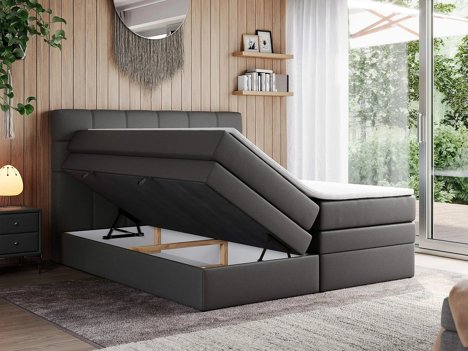 Boxspringbett ERNI KING, gestepptes Kopfteil, zwei Multipocket-Matratze und Topper, mit Stauraum - 200x200 cm - H3 - Dunkelgrau Kunstleder