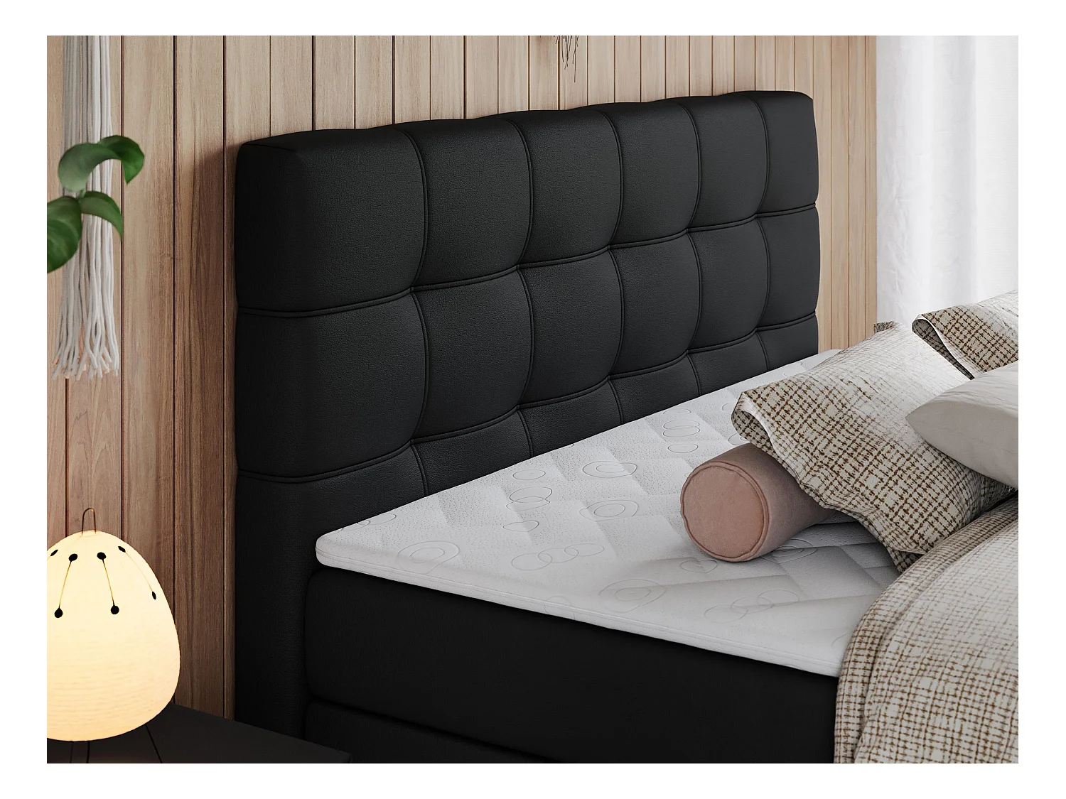 Boxspringbett ERNI KING, gestepptes Kopfteil, zwei Multipocket-Matratze und Topper, mit Stauraum - 140x200 cm - H4 - Schwarz Kunstleder