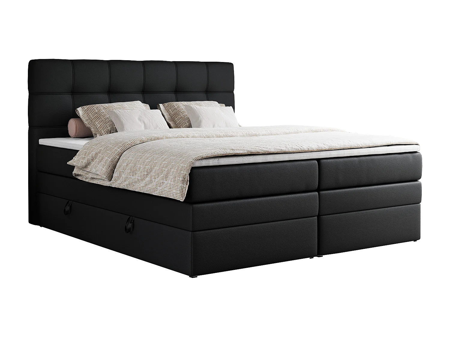 Boxspringbett ERNI KING, gestepptes Kopfteil, zwei Multipocket-Matratze und Topper, mit Stauraum - 140x200 cm - H4 - Schwarz Kunstleder