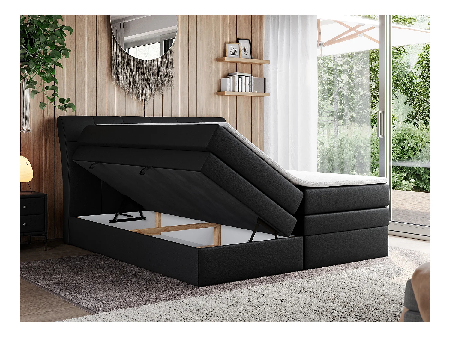 Boxspringbett GOLD 10 KING mit genähtes Kopfteil und Stauraum, zwei Multipocket-Matratze - 140x200 cm - H3 - Schwarz Kunstleder