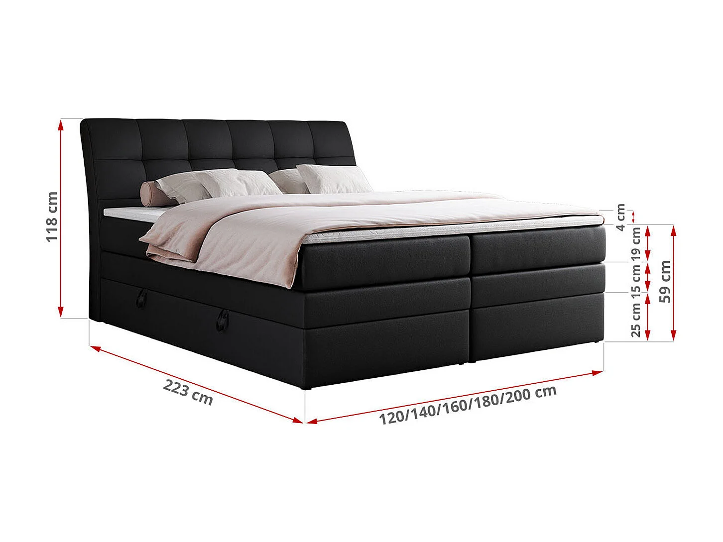 Boxspringbett GOLD 10 KING mit genähtes Kopfteil und Stauraum, zwei Multipocket-Matratze - 140x200 cm - H3 - Schwarz Kunstleder