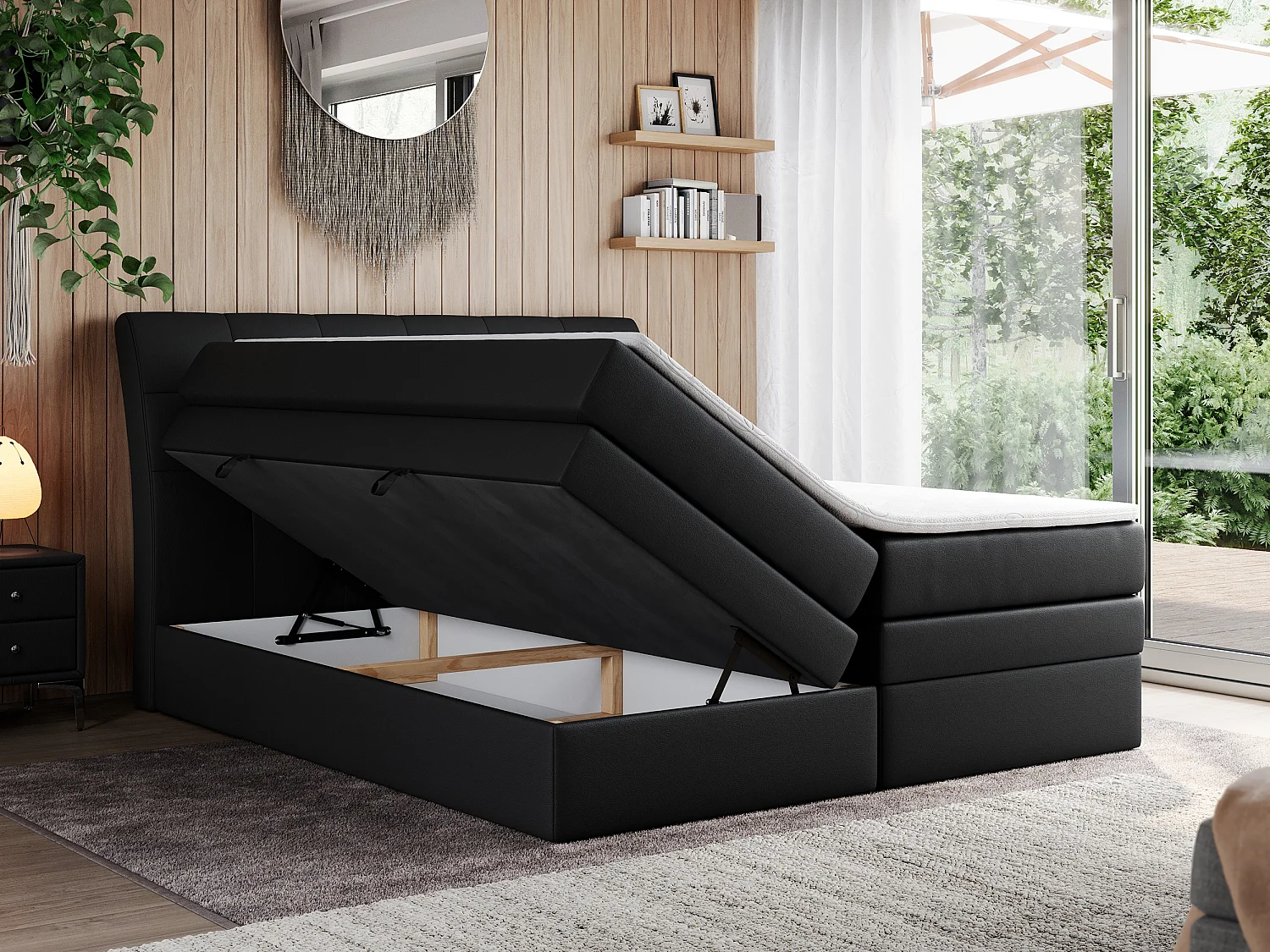 Boxspringbett GOLD 10 KING mit genähtes Kopfteil und Stauraum, zwei Multipocket-Matratze - 140x200 cm - H3 - Schwarz Kunstleder