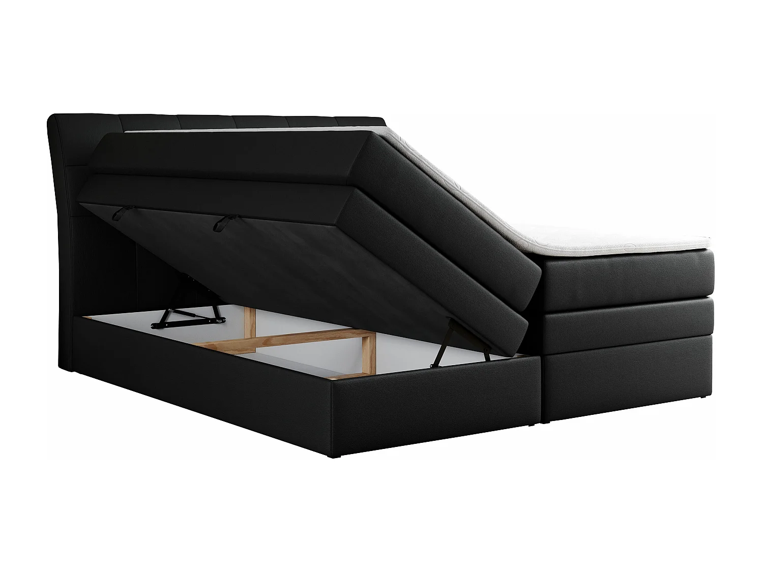 Boxspringbett GOLD 10 KING mit genähtes Kopfteil und Stauraum, zwei Multipocket-Matratze - 140x200 cm - H3 - Schwarz Kunstleder