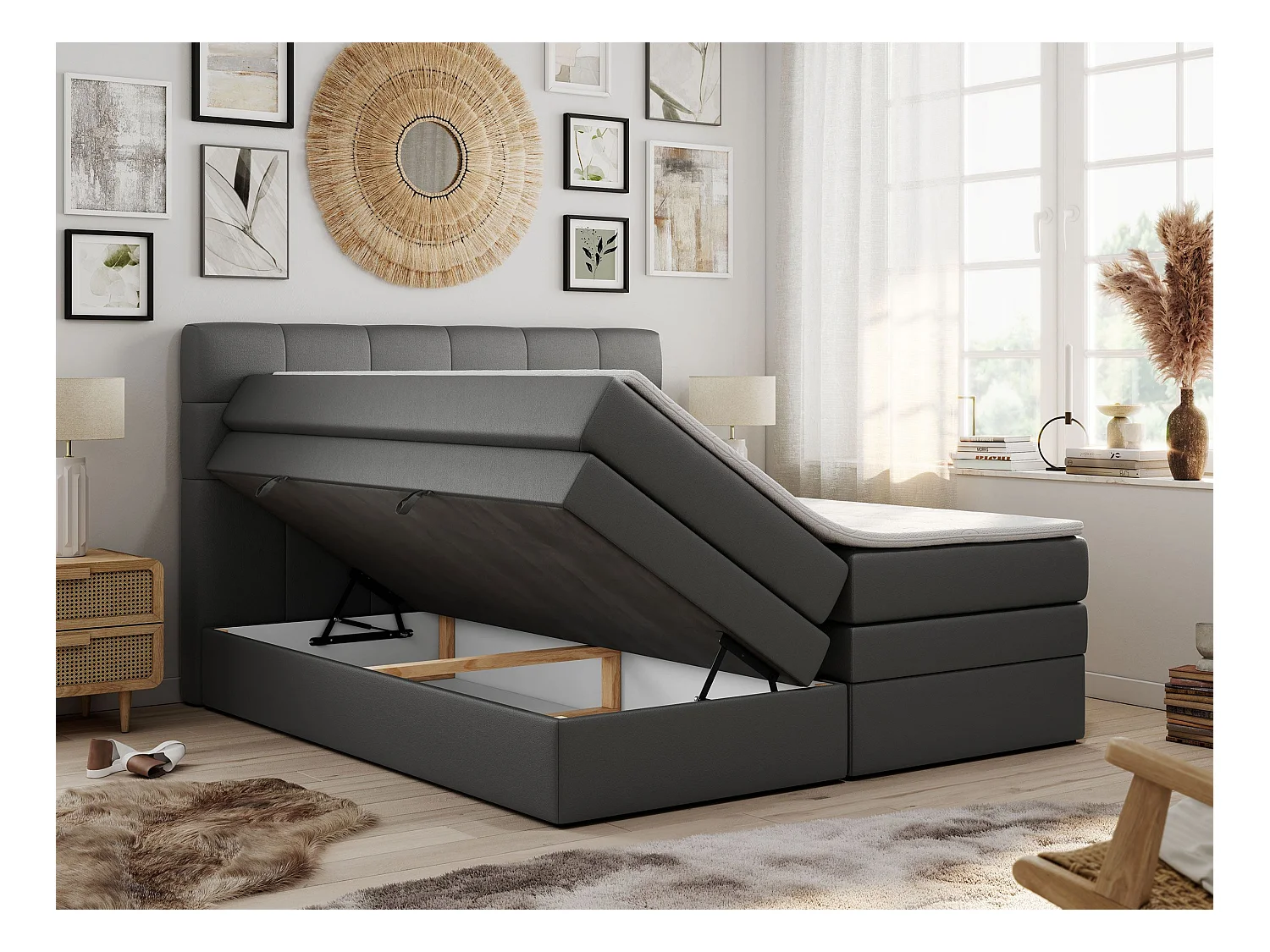 Boxspringbett LUKA KING, mit gestepptem Kopfteil, zwei Bettkästen, Multipocket-Matratze und Topper - 160x200 cm - H3 - Dunkelgrau Kunstleder