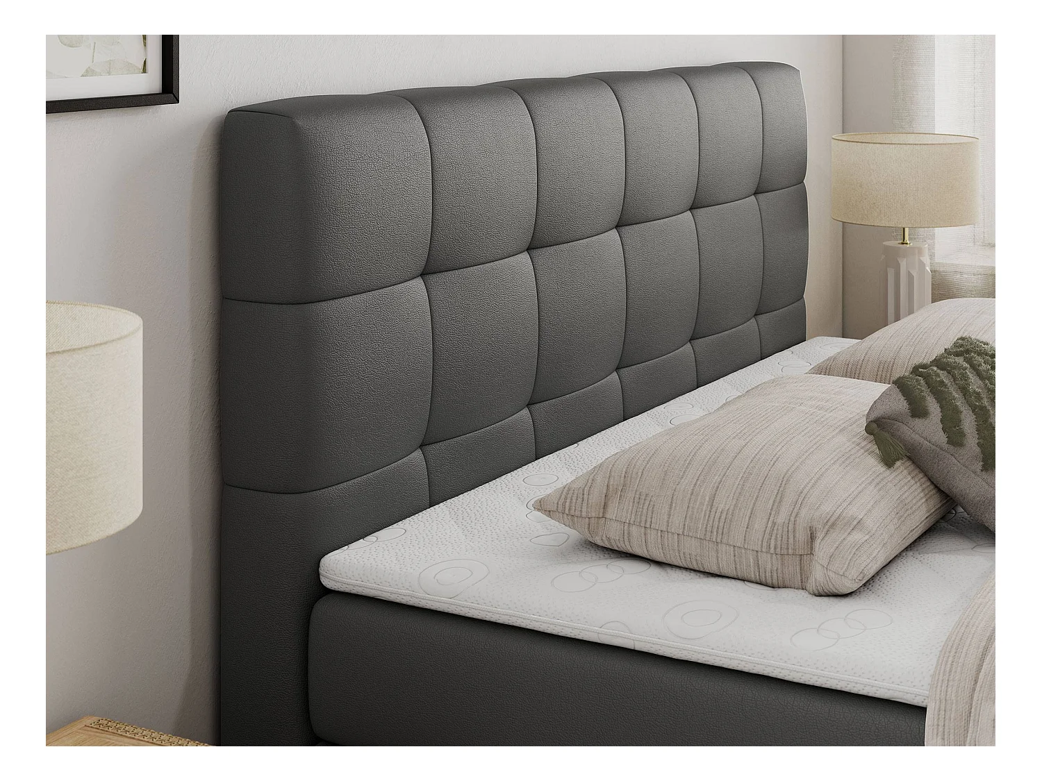 Boxspringbett LUKA KING, mit gestepptem Kopfteil, zwei Bettkästen, Multipocket-Matratze und Topper - 160x200 cm - H3 - Dunkelgrau Kunstleder