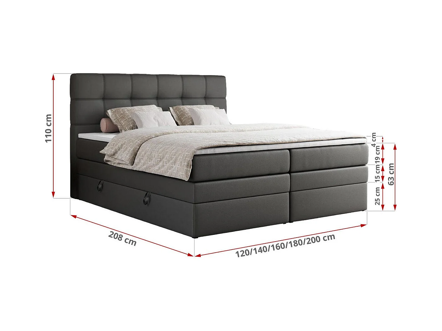 Boxspringbett ERNI KING, gestepptes Kopfteil, zwei Multipocket-Matratze und Topper, mit Stauraum - 140x200 cm - H4 - Dunkelgrau Kunstleder