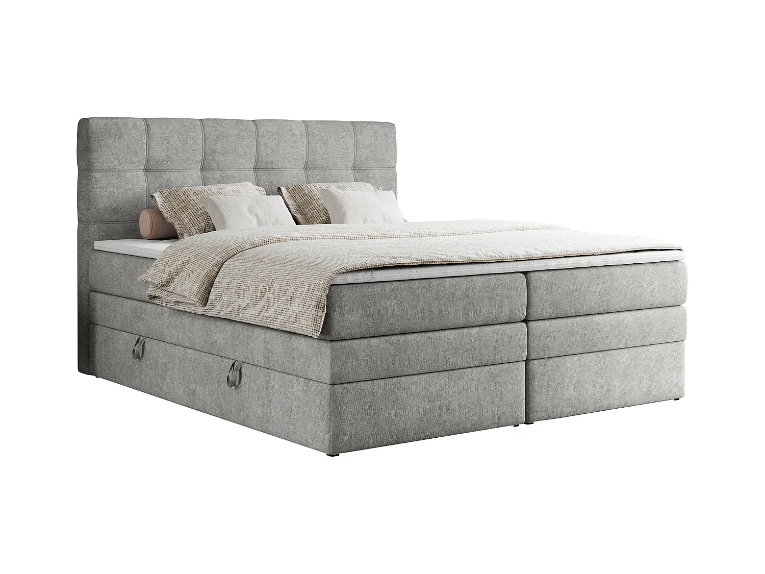 Boxspringbett ERNI KING, gestepptes Kopfteil, zwei Multipocket-Matratze und Topper, mit Stauraum - 140x200 cm - H3 - Hellgrau Strukture