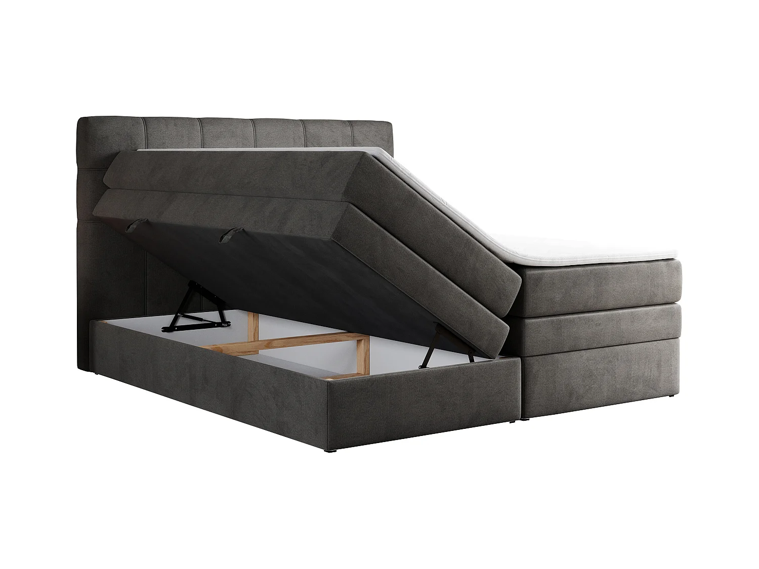 Boxspringbett ERNI KING, gestepptes Kopfteil, zwei Multipocket-Matratze und Topper, mit Stauraum - 160x200 cm - H4 - Dunkelgrau Velvet