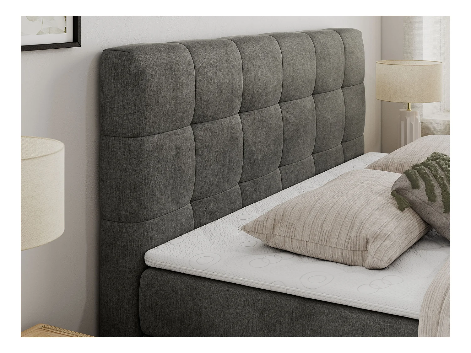 Boxspringbett LUKA KING, mit gestepptem Kopfteil, zwei Bettkästen, Multipocket-Matratze und Topper - 140x200 cm - H3 - Dunkelgrau Velvet