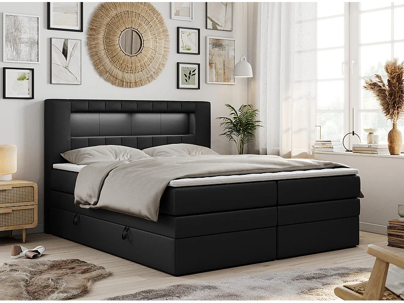 Boxspringbett GOLD 5 KING mit Stauraum, zwei Bettkästen, LED-Beleuchtung, Multipocket-Matratze - 180x200 cm - H4 - Schwarz Kunstleder
