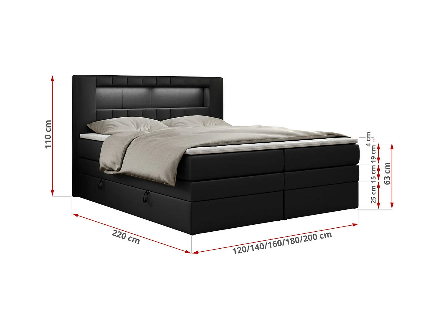 Boxspringbett GOLD 5 KING mit Stauraum, zwei Bettkästen, LED-Beleuchtung, Multipocket-Matratze - 180x200 cm - H4 - Schwarz Kunstleder
