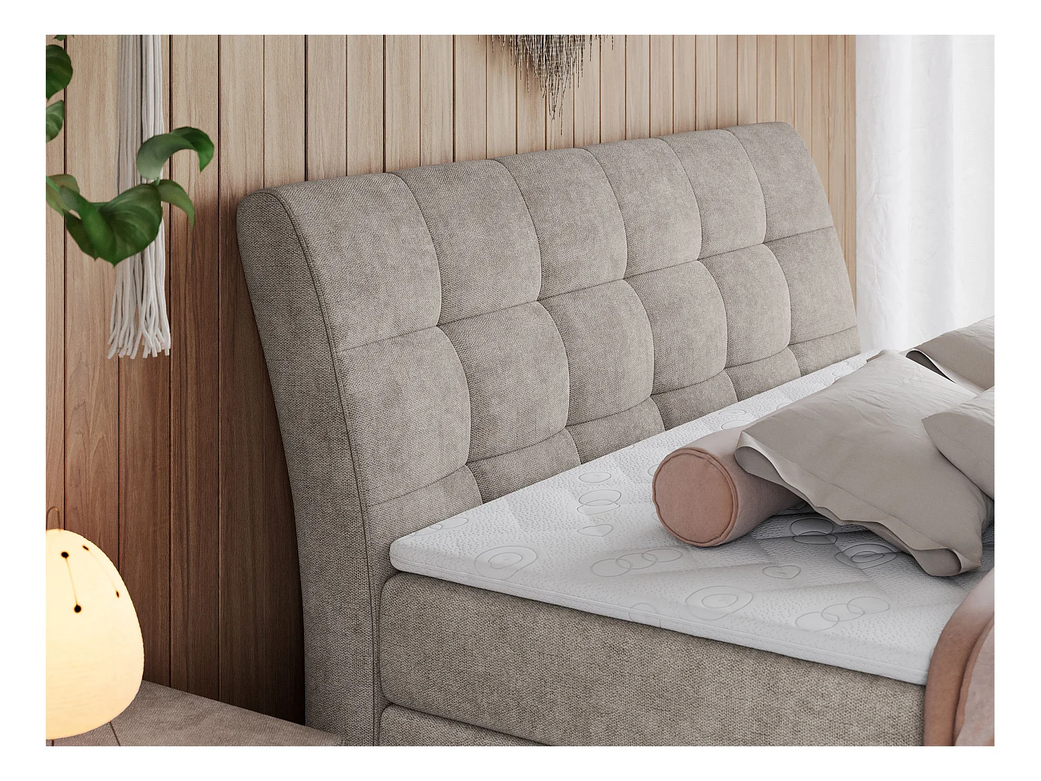 Boxspringbett GOLD 10 KING mit genähtes Kopfteil und Stauraum, zwei Multipocket-Matratze - 200x200 cm - H3 - Beige Strukture