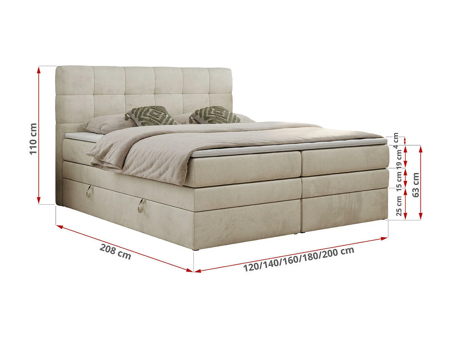 Boxspringbett LUKA KING, mit gestepptem Kopfteil, zwei Bettkästen, Multipocket-Matratze und Topper - 160x200 cm - H3 - Beige Velvet