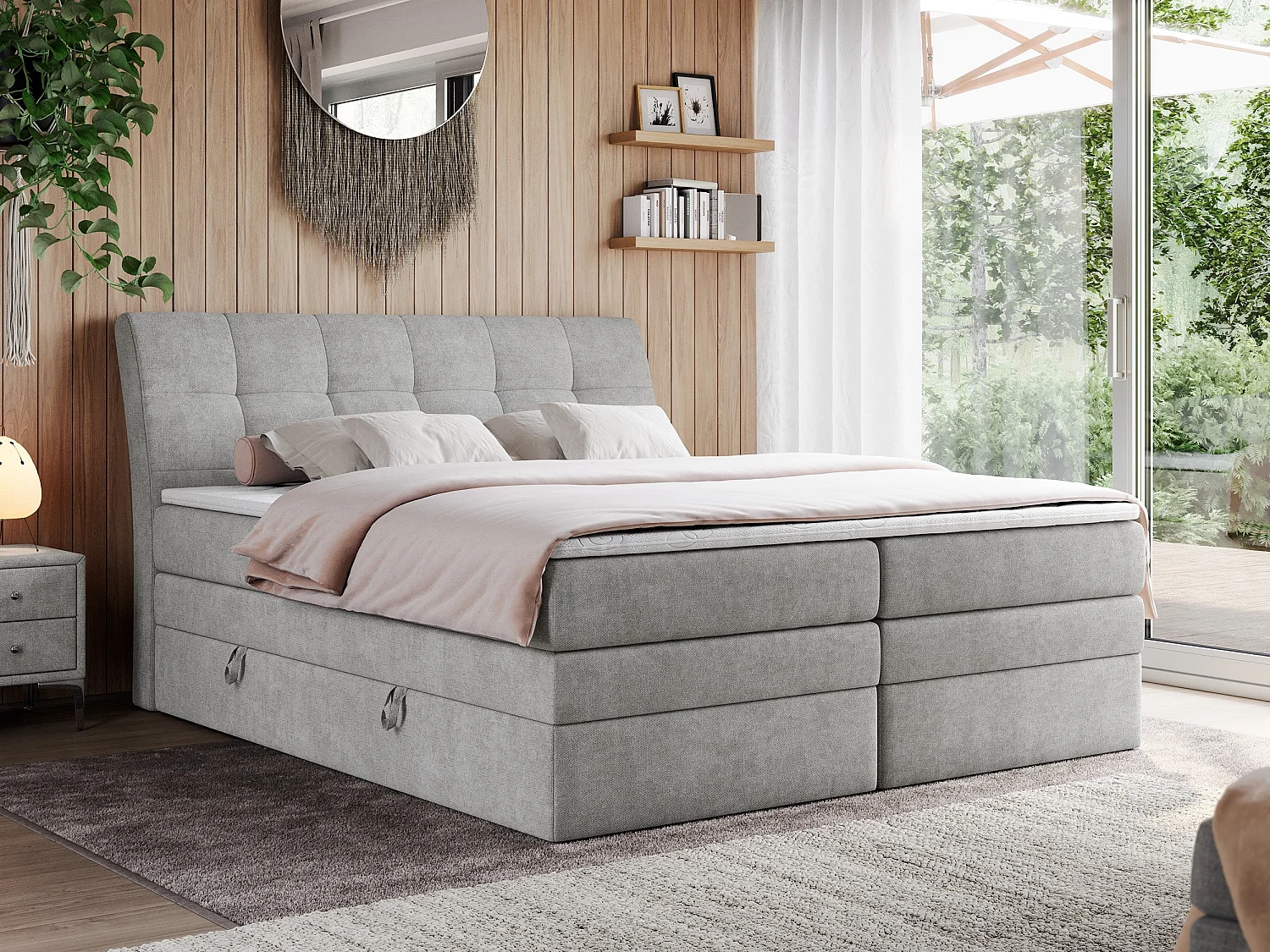 Boxspringbett GOLD 10 KING mit genähtes Kopfteil und Stauraum, zwei Multipocket-Matratze - 120x200 cm - H3 - Hellgrau Strukture