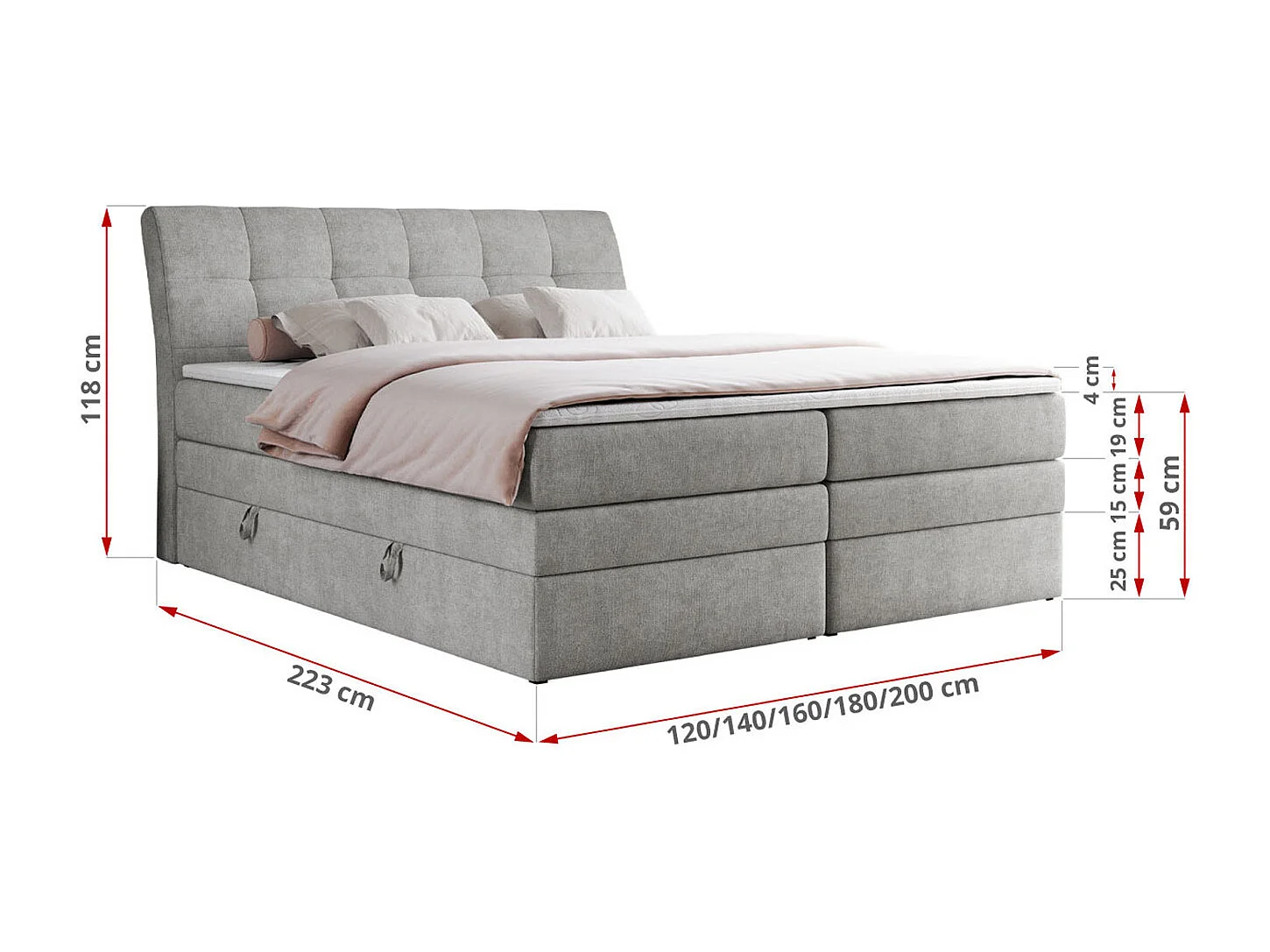 Boxspringbett GOLD 10 KING mit genähtes Kopfteil und Stauraum, zwei Multipocket-Matratze - 120x200 cm - H3 - Hellgrau Strukture