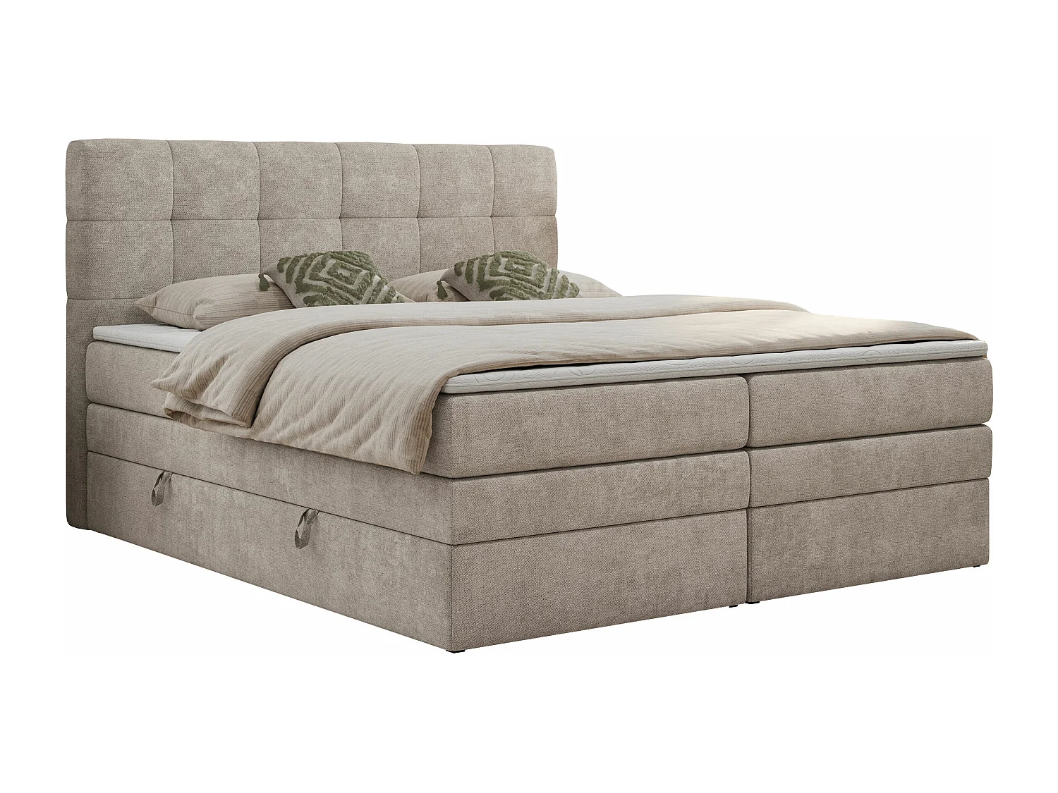 Boxspringbett LUKA KING, mit gestepptem Kopfteil, zwei Bettkästen, Multipocket-Matratze und Topper - 120x200 cm - H4 - Beige Strukture