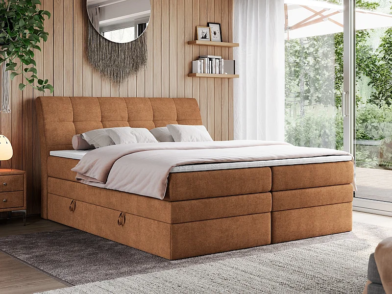 Boxspringbett GOLD 10 KING mit genähtes Kopfteil und Stauraum, zwei Multipocket-Matratze - 200x200 cm - H4 - Orange Strukture