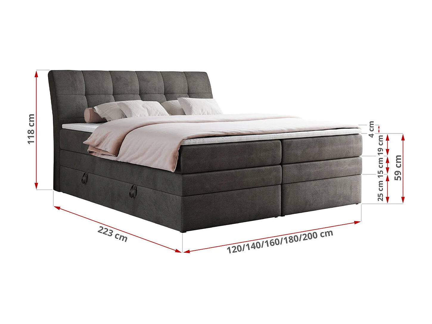 Boxspringbett GOLD 10 KING mit genähtes Kopfteil und Stauraum, zwei Multipocket-Matratze - 160x200 cm - H4 - Dunkelgrau Velvet