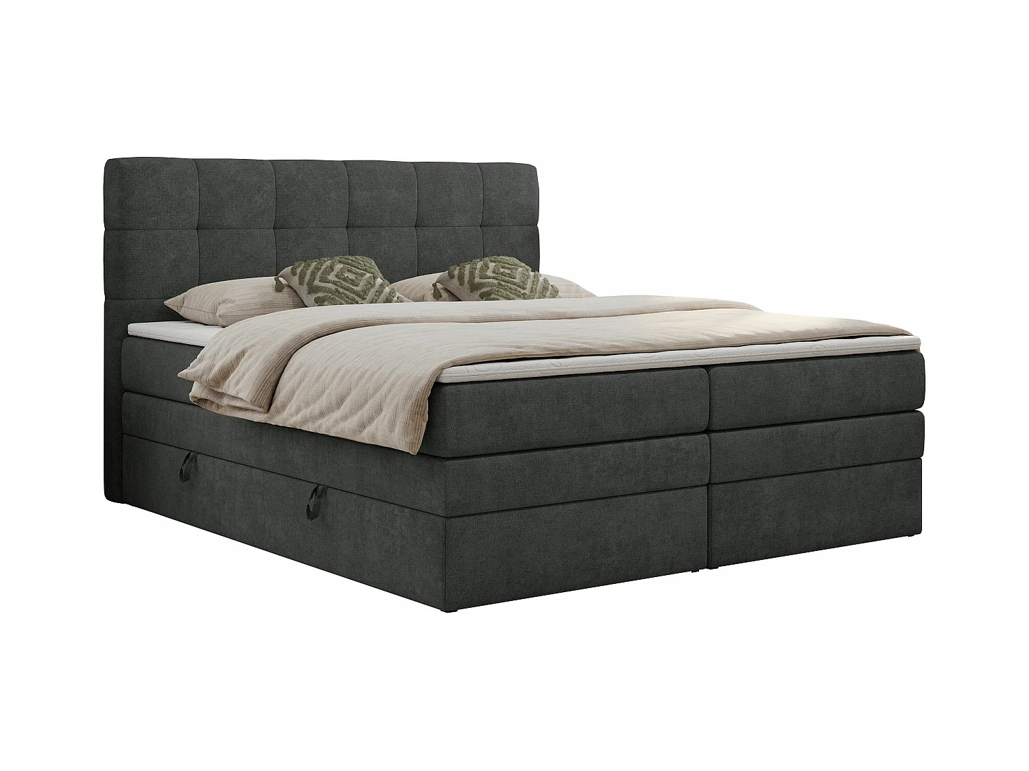 Boxspringbett LUKA KING, mit gestepptem Kopfteil, zwei Bettkästen, Multipocket-Matratze und Topper - 140x200 cm - H3 - Dunkelgrau Strukture