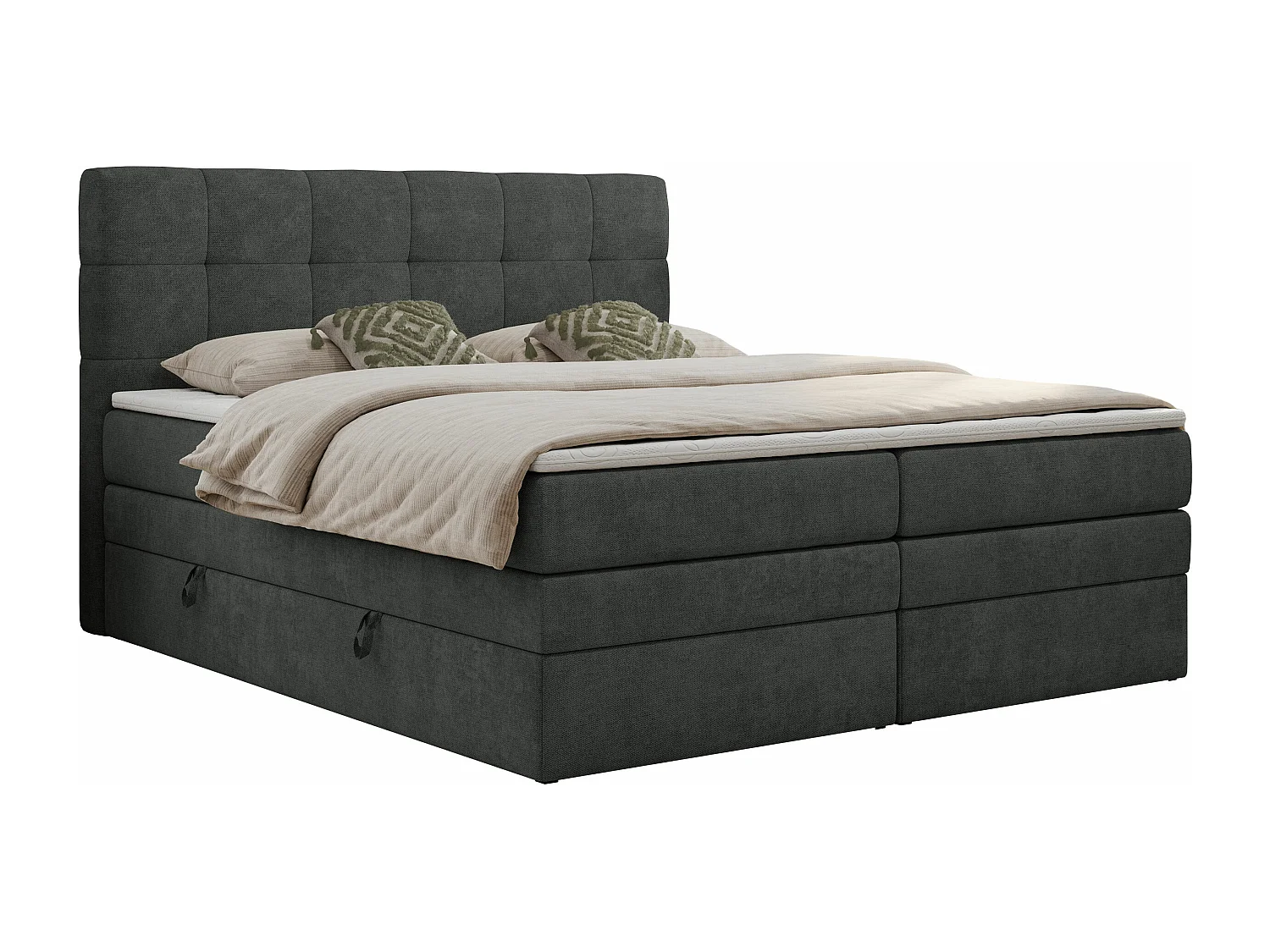 Boxspringbett LUKA KING, mit gestepptem Kopfteil, zwei Bettkästen, Multipocket-Matratze und Topper - 140x200 cm - H3 - Dunkelgrau Strukture