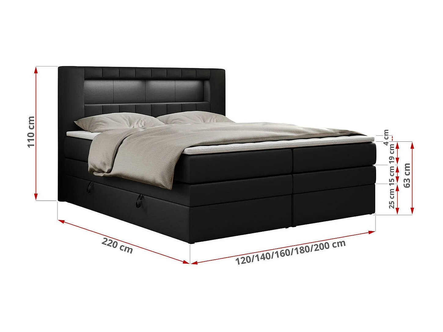 Boxspringbett GOLD 5 KING mit Stauraum, zwei Bettkästen, LED-Beleuchtung, Multipocket-Matratze - 160x200 cm - H4 - Schwarz Kunstleder