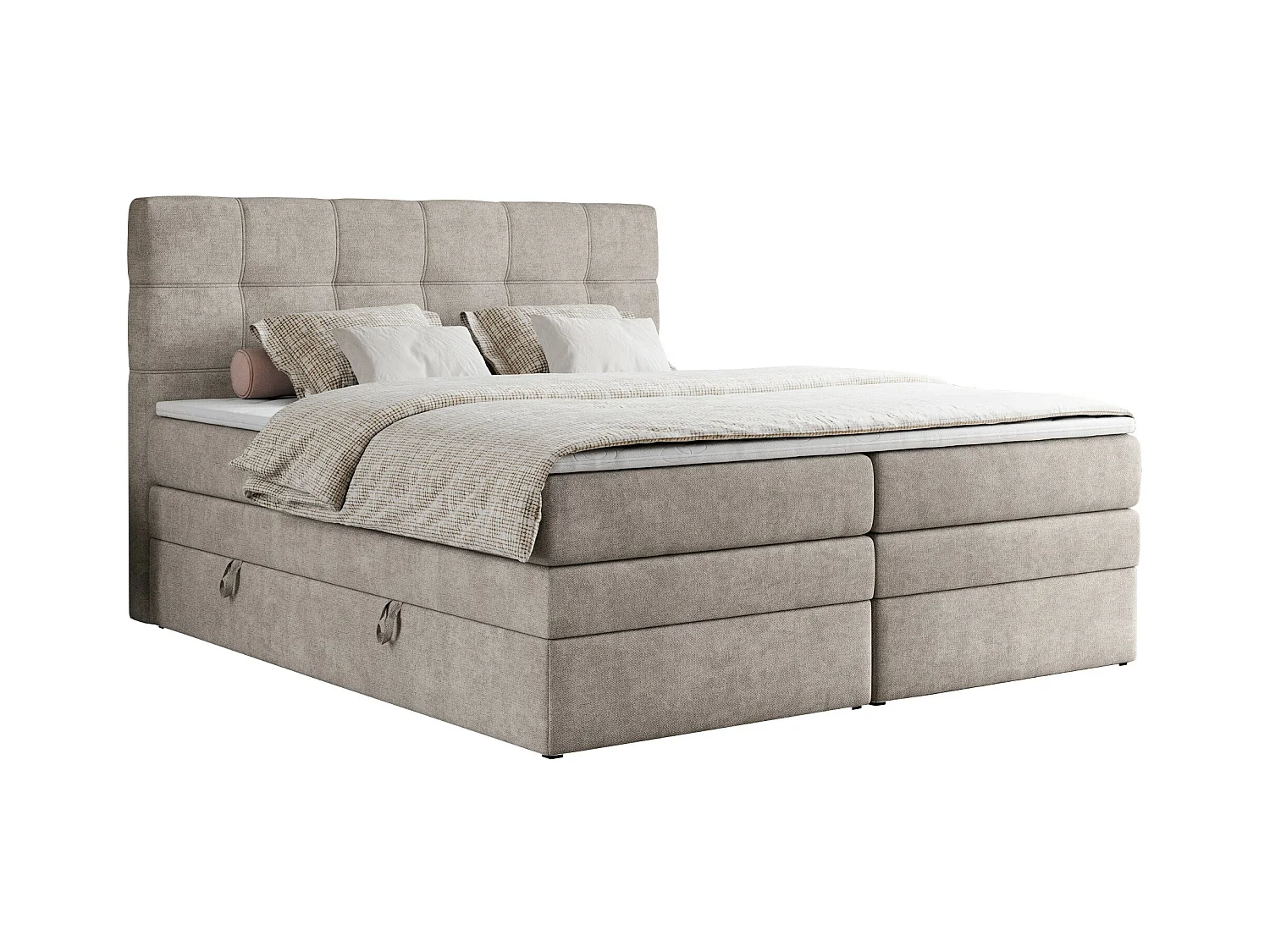 Boxspringbett ERNI KING, gestepptes Kopfteil, zwei Multipocket-Matratze und Topper, mit Stauraum - 180x200 cm - H3 - Beige Strukture