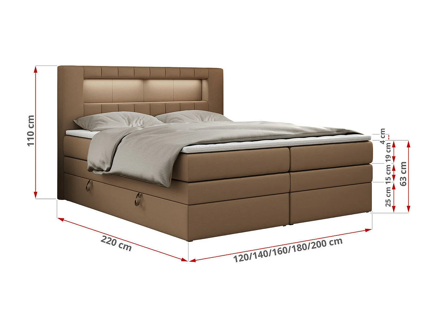 Boxspringbett GOLD 5 KING mit Stauraum, zwei Bettkästen, LED-Beleuchtung, Multipocket-Matratze - 200x200 cm - H4 - Braun Kunstleder